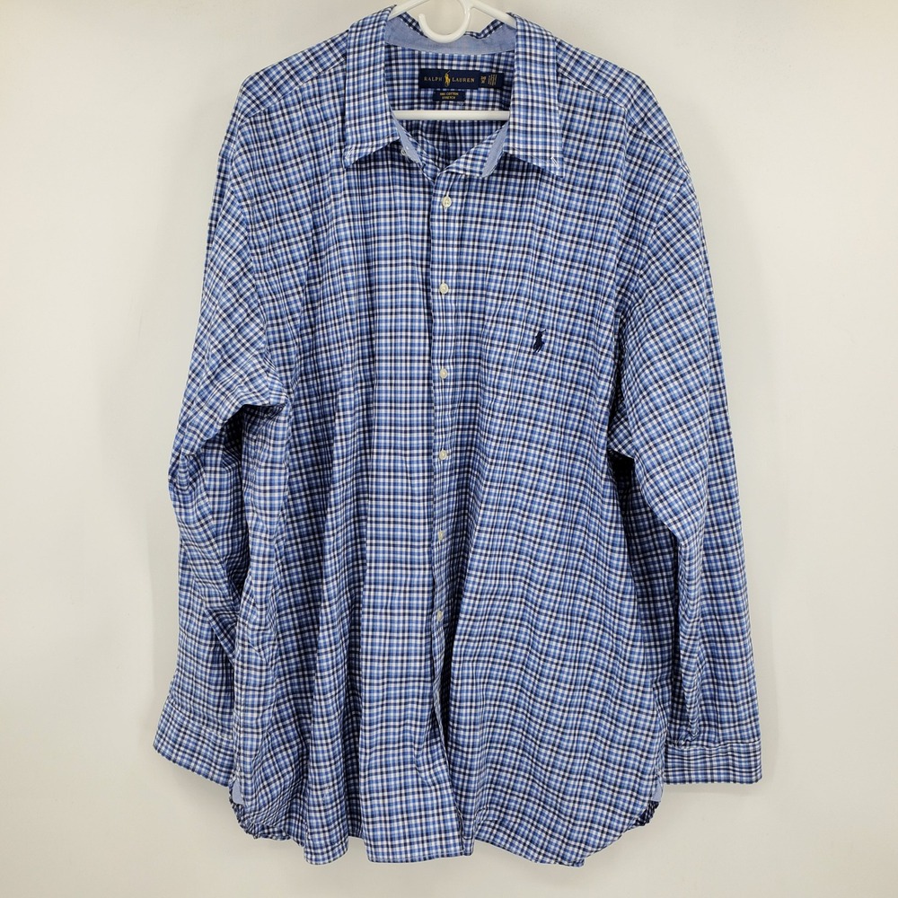 Ralph Lauren Men's 3X Big Gingham Stretch Button Down Shirt Blue White Plaid+